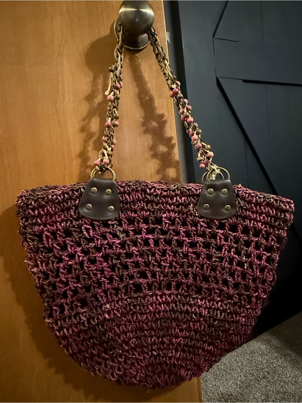 Boho Beaded Woven Tote in Berry Plum